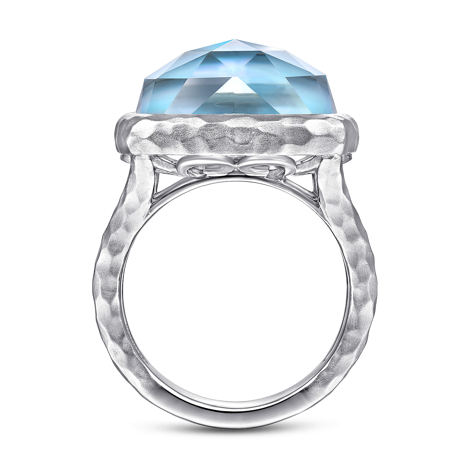 925 Sterling Silver Cushion Cut Rock Crystal/White MOP/Turquoise Ring