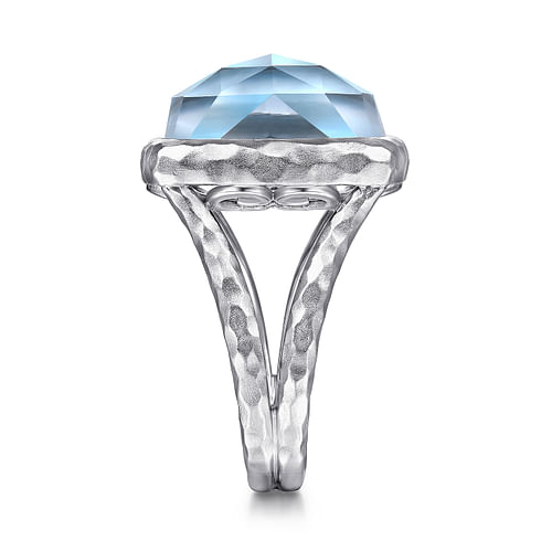 925 Sterling Silver Cushion Cut Rock Crystal/White MOP/Turquoise Ring