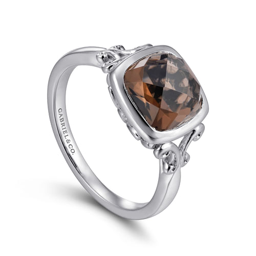 925 Sterling Silver Cushion Cut Smoky Quartz Ring