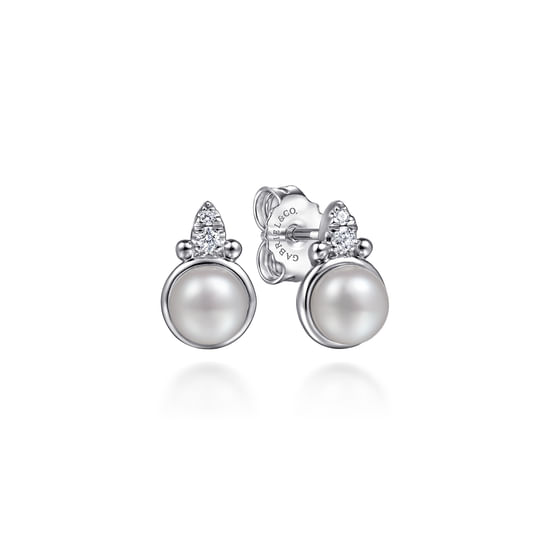 Gabriel - 925 Sterling Silver Diamond Bujukan Pearl Stud Earrings