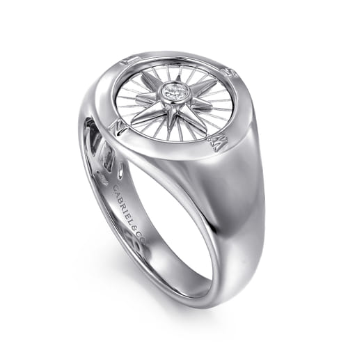 925 Sterling Silver Diamond Compass Signet Ring