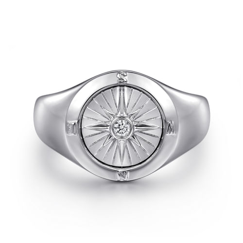 925 Sterling Silver Diamond Signet Mens Ring in High Polished Finish