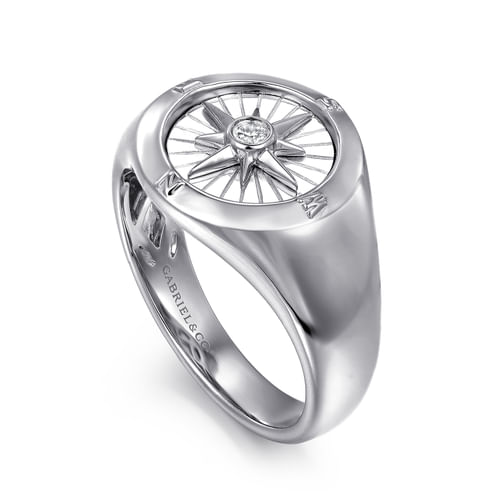 925 Sterling Silver Diamond Signet Mens Ring in High Polished Finish