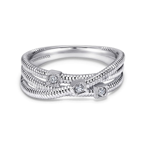 925 Sterling Silver Diamond Station Criss Cross Ring