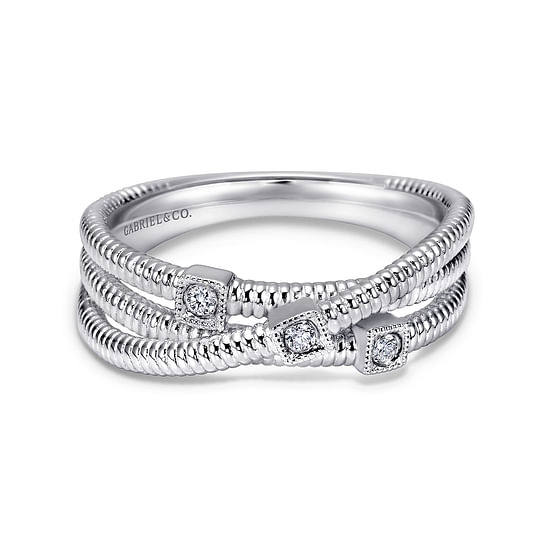 Gabriel - 925 Sterling Silver Diamond Station Criss Cross Ring