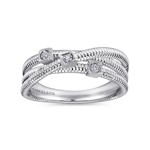 925 Sterling Silver Diamond Station Criss Cross Ring