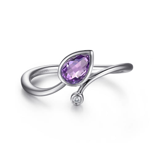 925 Sterling Silver Diamond and Amethyst Teardrop Bypass Ring 925 Sterling Silver Diamond and Amethyst Teardrop Bypass Ring