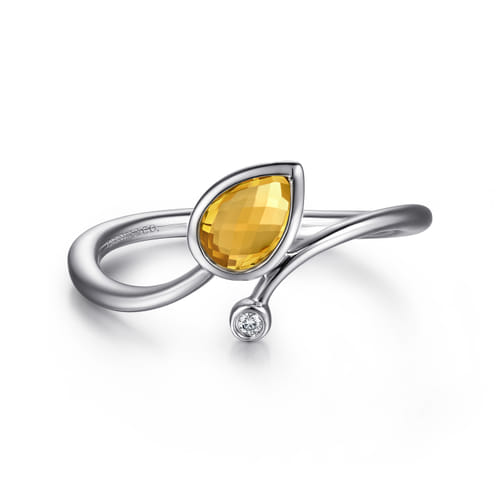 925 Sterling Silver Diamond and Citrine Teardrop Bypass Ring 925 Sterling Silver Diamond and Citrine Teardrop Bypass Ring