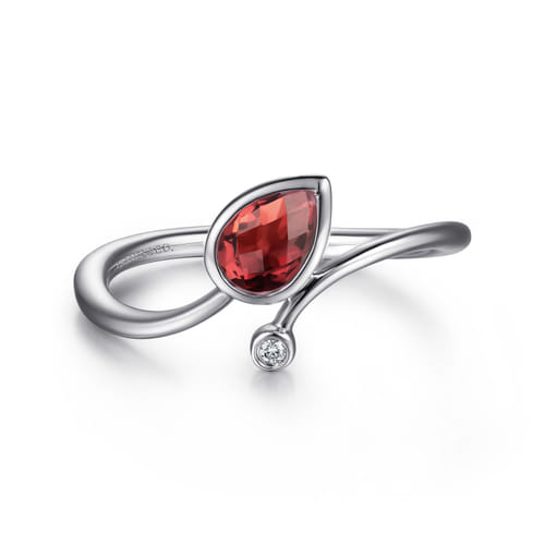 925 Sterling Silver Diamond and Garnet Teardrop Bypass Ring 925 Sterling Silver Diamond and Garnet Teardrop Bypass Ring