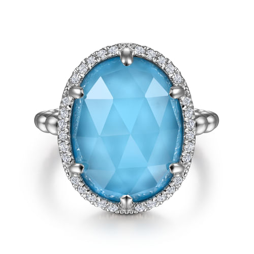 925 Sterling Silver Diamond and Rock Crystal and Turquoise Ring