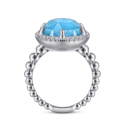 925 Sterling Silver Diamond and Rock Crystal and Turquoise Ring