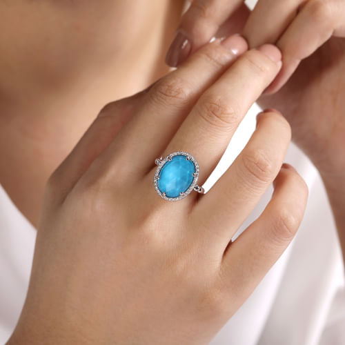 925 Sterling Silver Diamond and Rock Crystal and Turquoise Ring