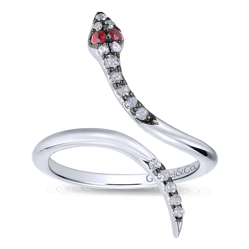 925 Sterling Silver Diamond and Ruby Snake Ring