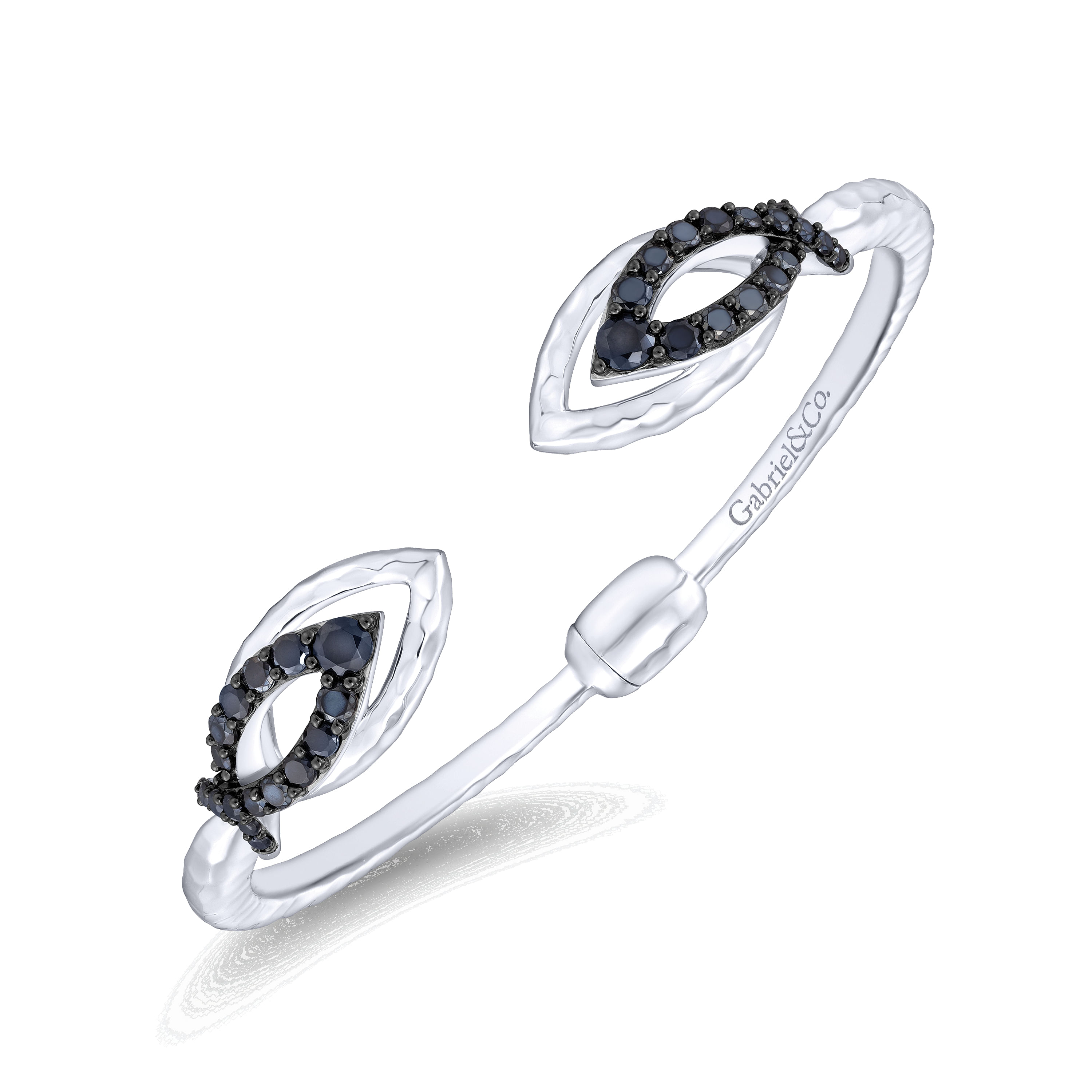 925 Sterling Silver Double Marquise Open Bangle with Black Spinel