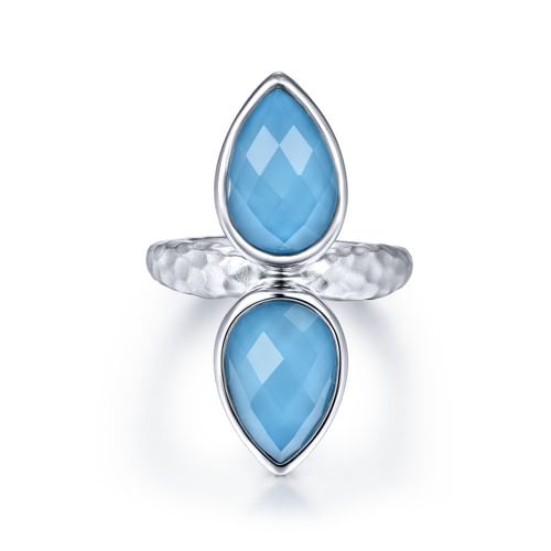 925 Sterling Silver Double Pear Rock Crystal/Turquoise Ring