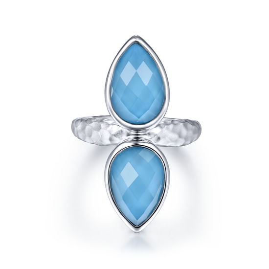 Gabriel - 925 Sterling Silver Double Pear Rock Crystal/Turquoise Ring