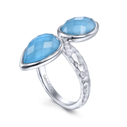 925 Sterling Silver Double Pear Rock Crystal/Turquoise Ring