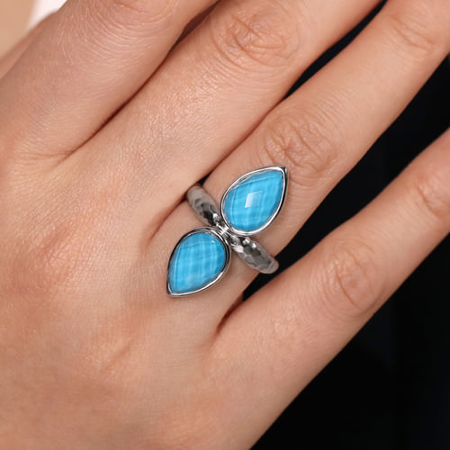 925 Sterling Silver Double Pear Rock Crystal/Turquoise Ring