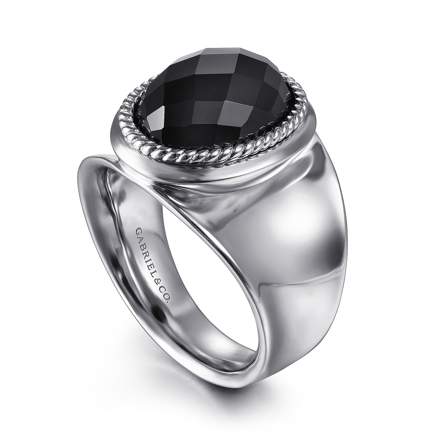 925 Sterling Silver Faceted Oval Black Onyx Wide Band Ring