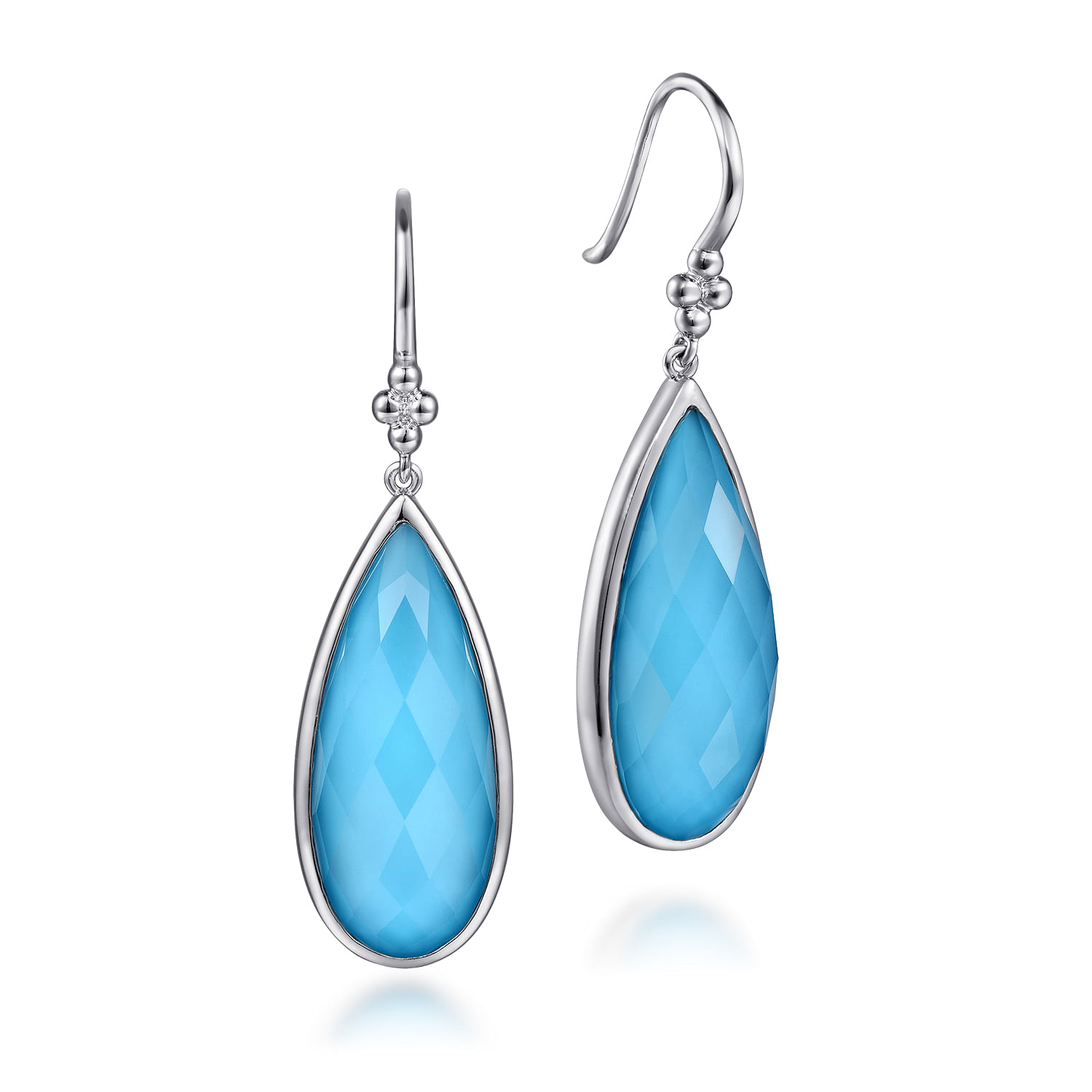 925 Sterling Silver Faceted Rock Crystal and Turquoise Fish Wire Teardrop Earrings