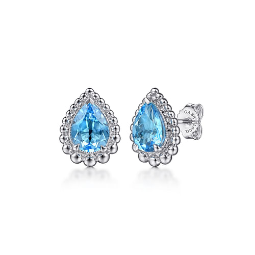 925 Sterling Silver Faceted Swiss Blue Topaz Pear Shape Bujukan Stud Earrings