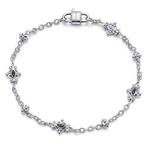 925 Sterling Silver Filigree and Black Spinel Station Bracelet