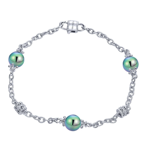 925 Sterling Silver Filigree and Pearl Station Bracelet