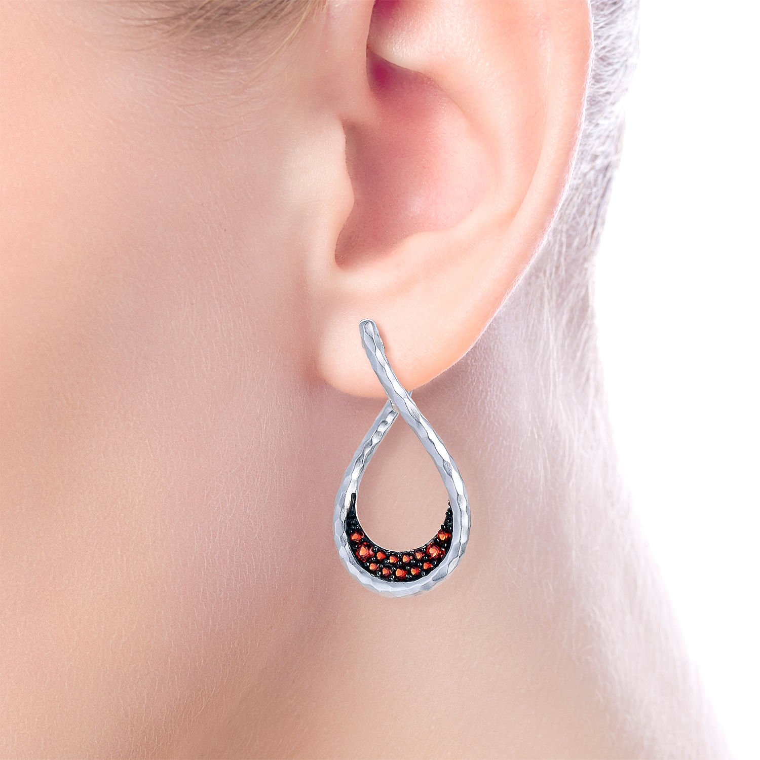 925 Sterling Silver Garnet Bypass Pear Shaped Hoop Earrings
