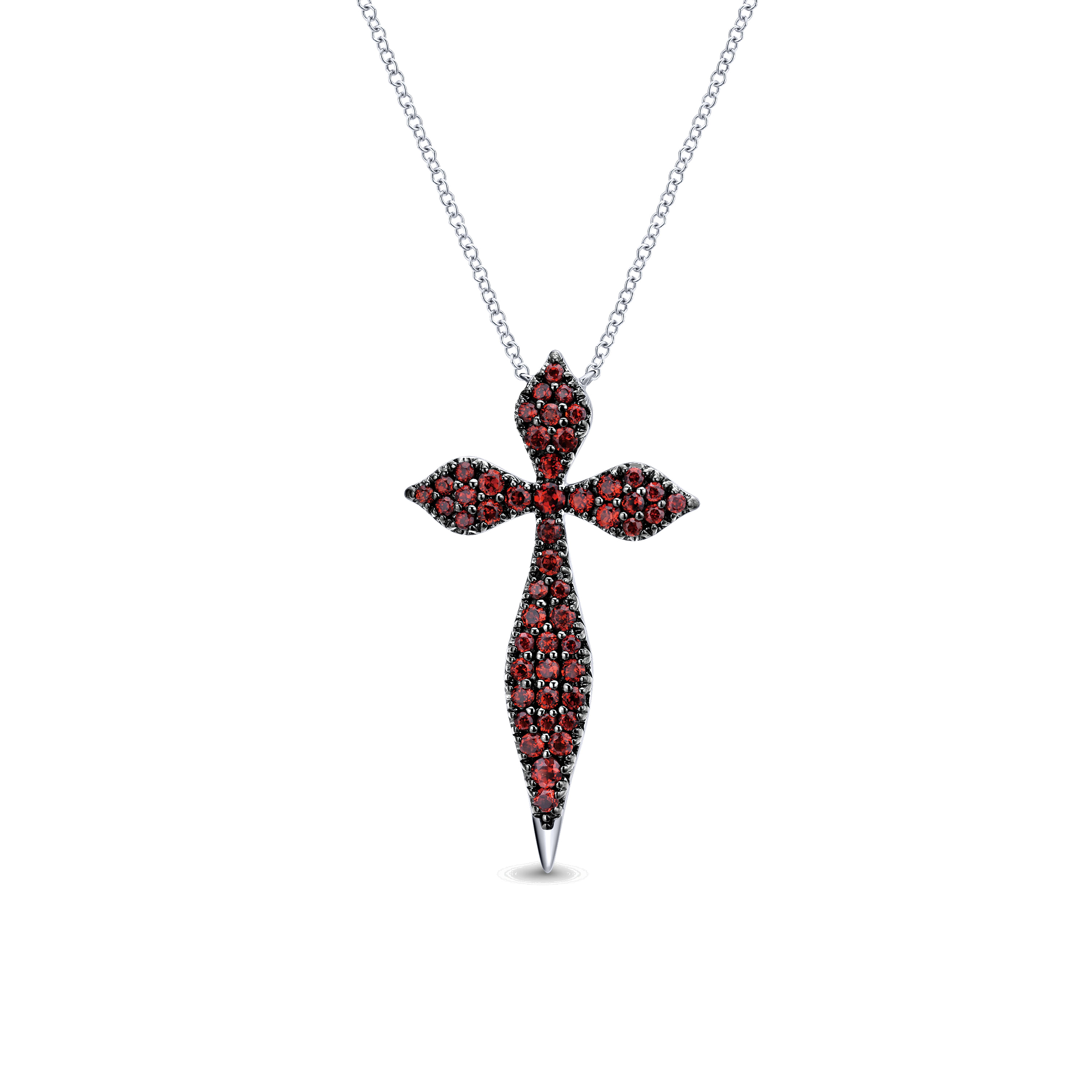 925 Sterling Silver Garnet Spike Cross Pendant Necklace