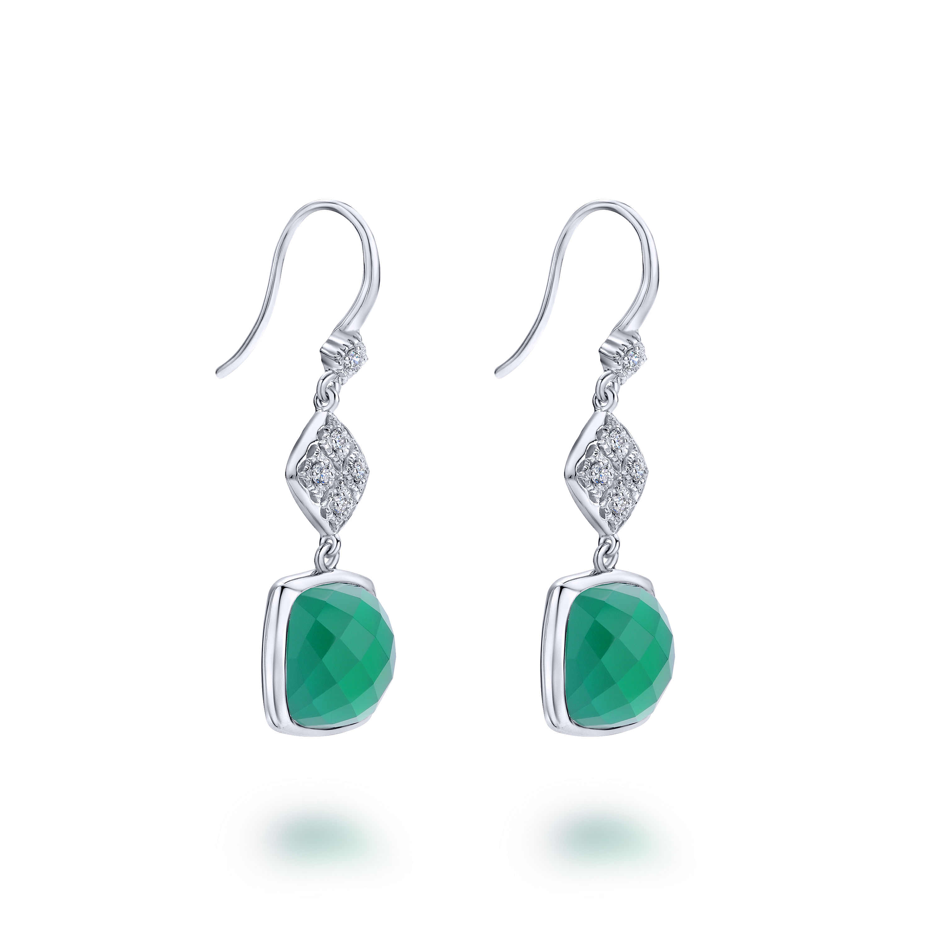 925 Sterling Silver Green Onyx Cushion Drop Earrings with Filigree Tops