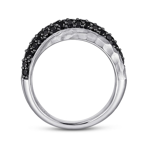 925 Sterling Silver Hammered Black Spinel Criss Cross Ring