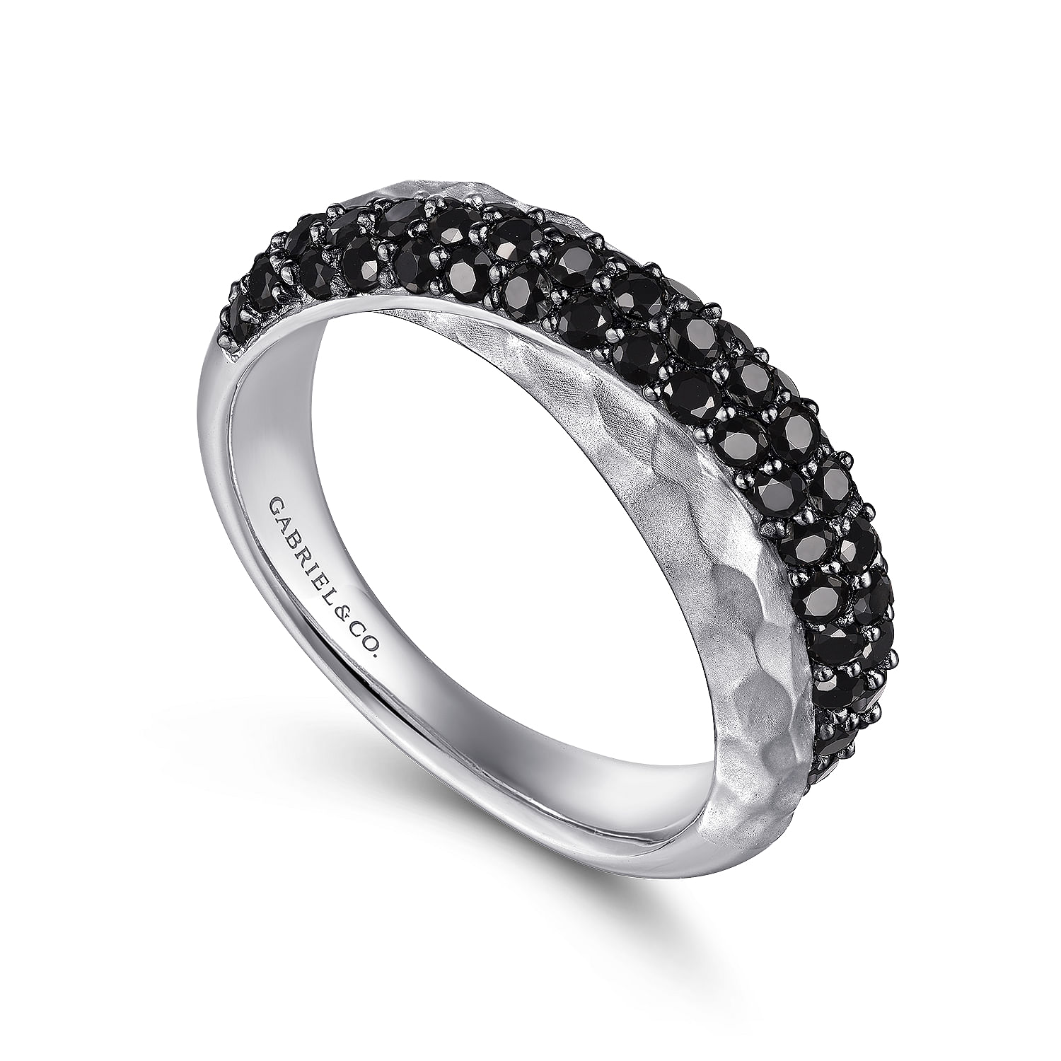 925 Sterling Silver Hammered Black Spinel Criss Cross Ring