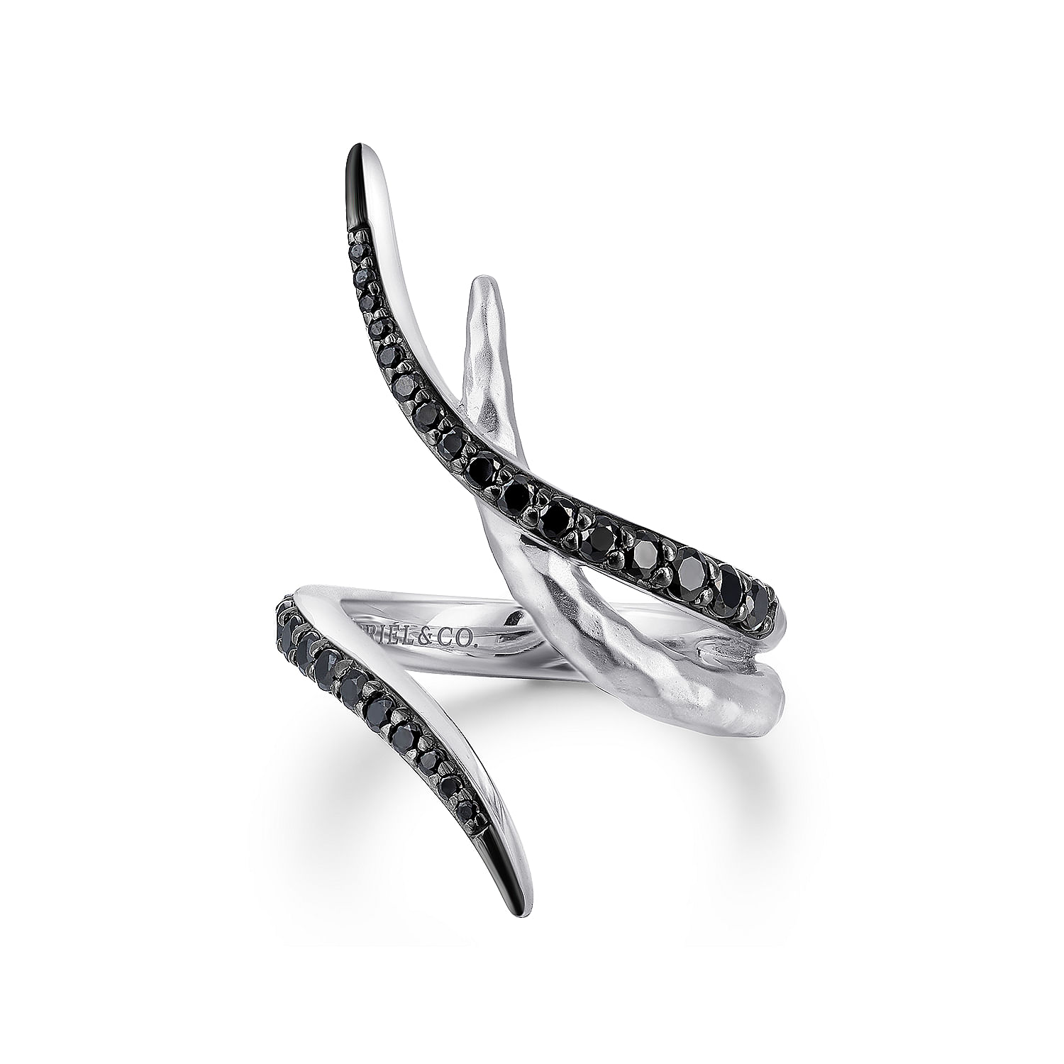 925 Sterling Silver Hammered Black Spinel Open Wrap Ring