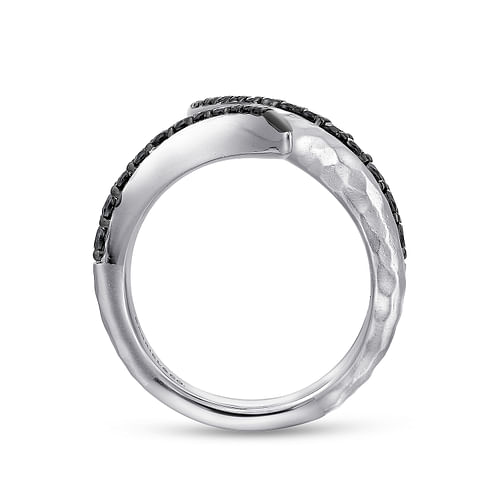 925 Sterling Silver Hammered Black Spinel Open Wrap Ring