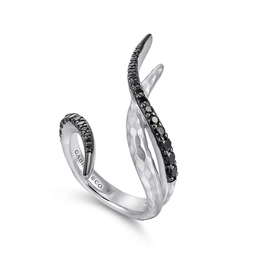 925 Sterling Silver Hammered Black Spinel Open Wrap Ring