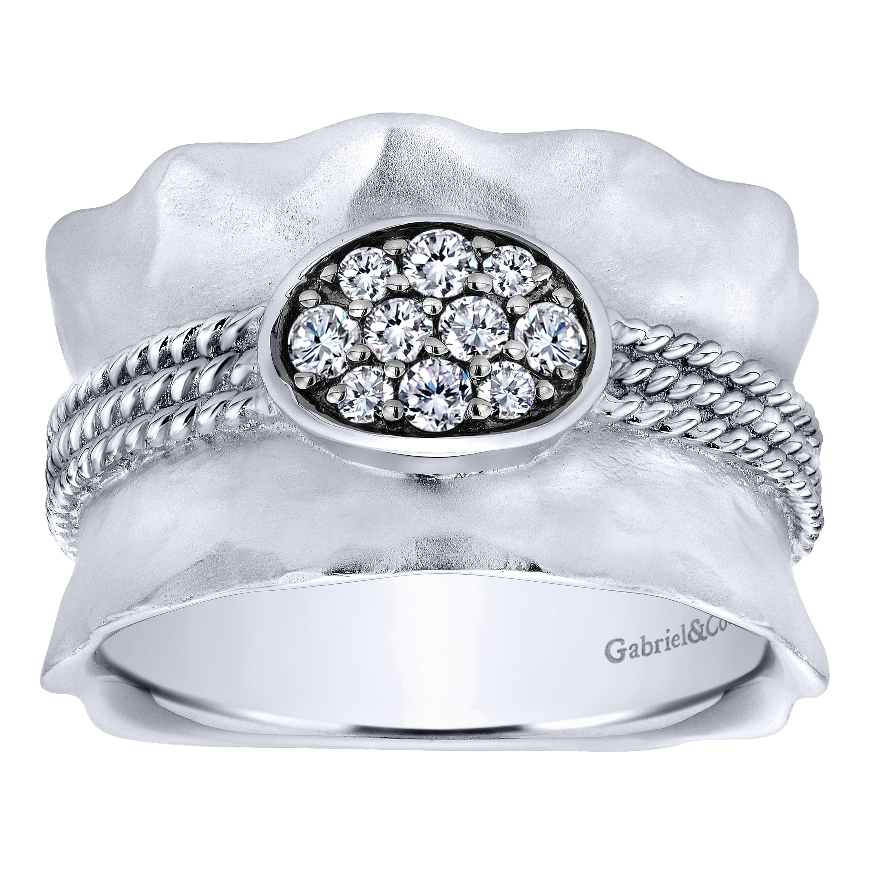 925 Sterling Silver Hammered Corseted Diamond Cluster Ring