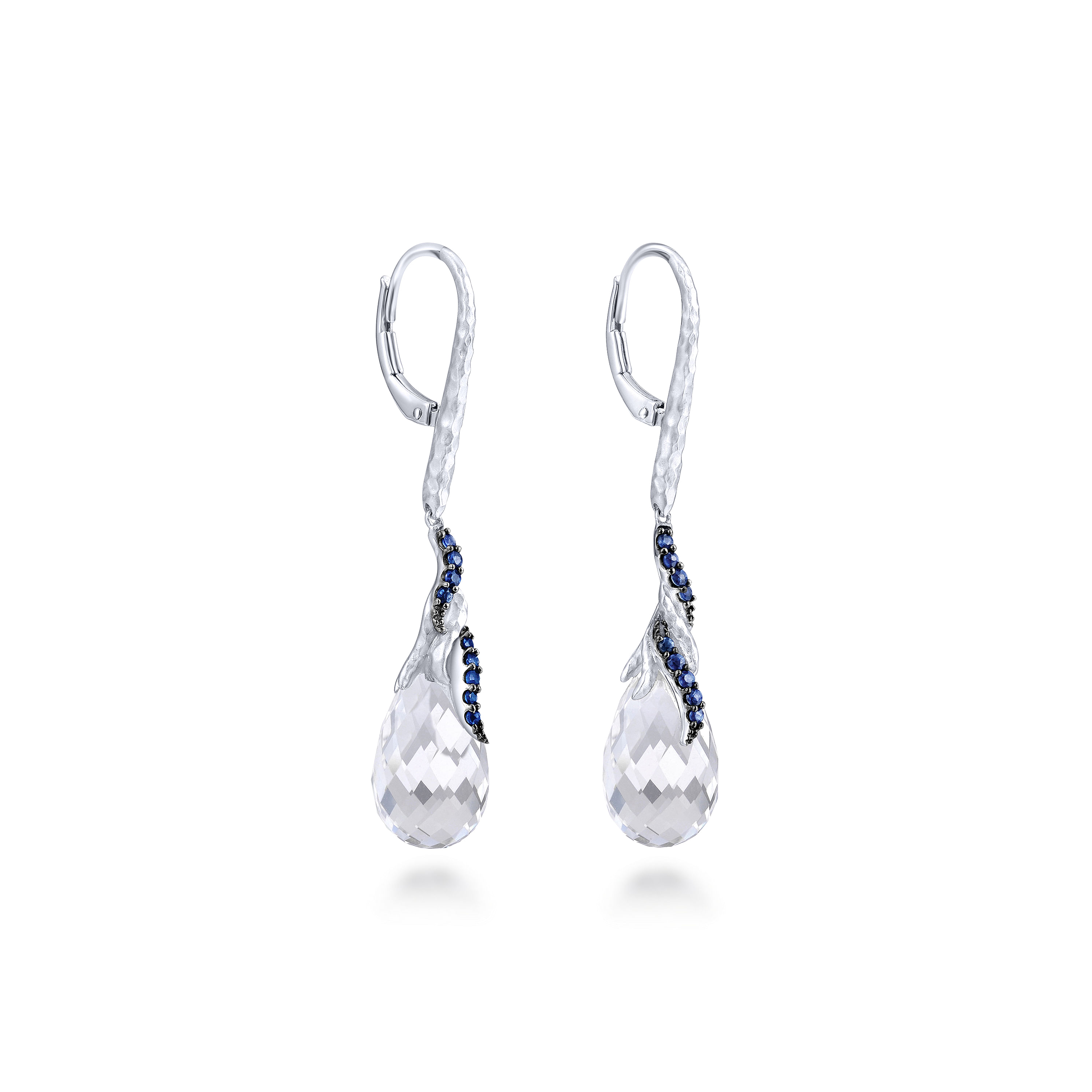 925 Sterling Silver Hammered Curving Strands Sapphire and Rock Crystal Teardrop Drop Earrings