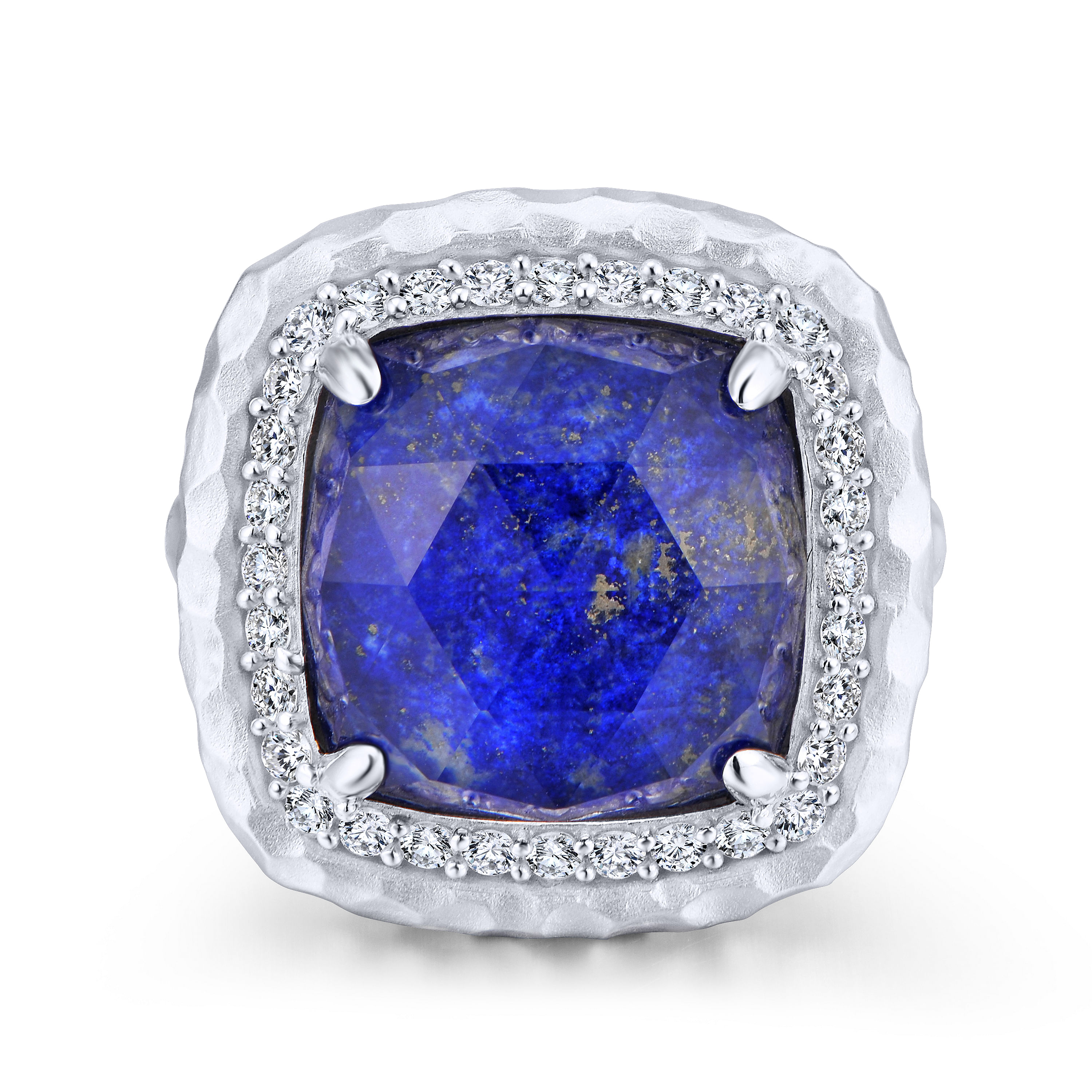 925 Sterling Silver Hammered Cushion Cut Rock Crystal/Lapis and White Sapphire Halo Ring