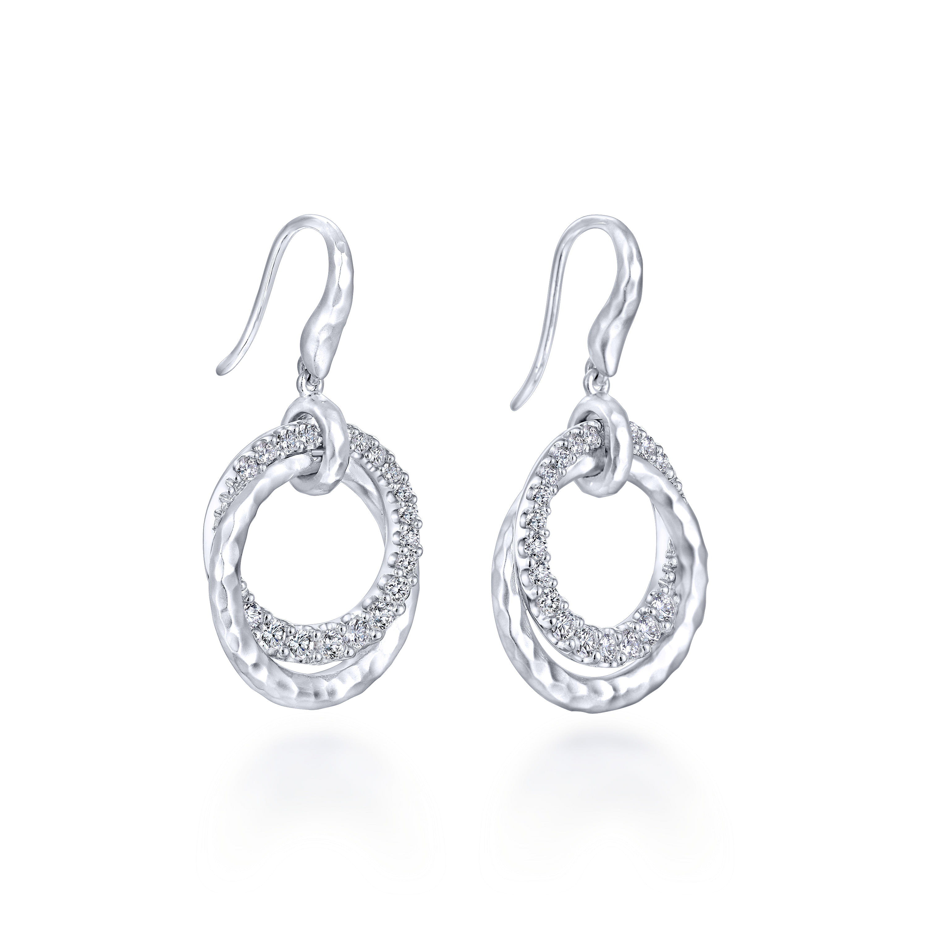 925 Sterling Silver Hammered Double Circle White Sapphire Drop Earrings
