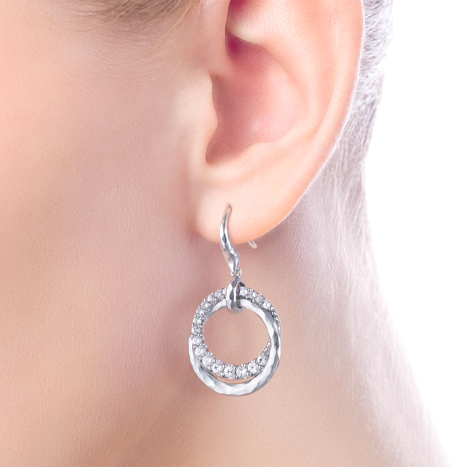 925 Sterling Silver Hammered Double Circle White Sapphire Drop Earrings