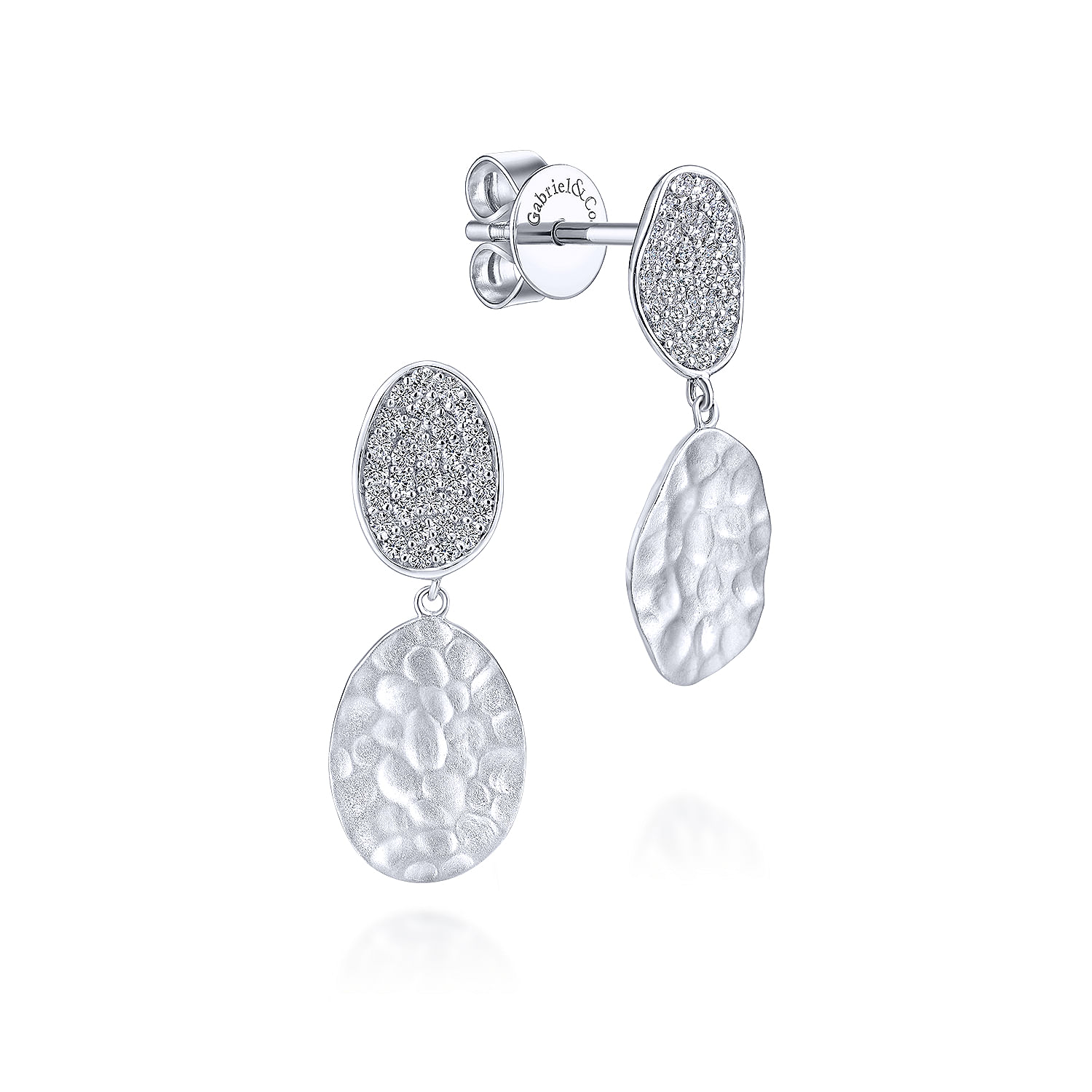 925 Sterling Silver Hammered Double Oval White Sapphire Drop Earrings
