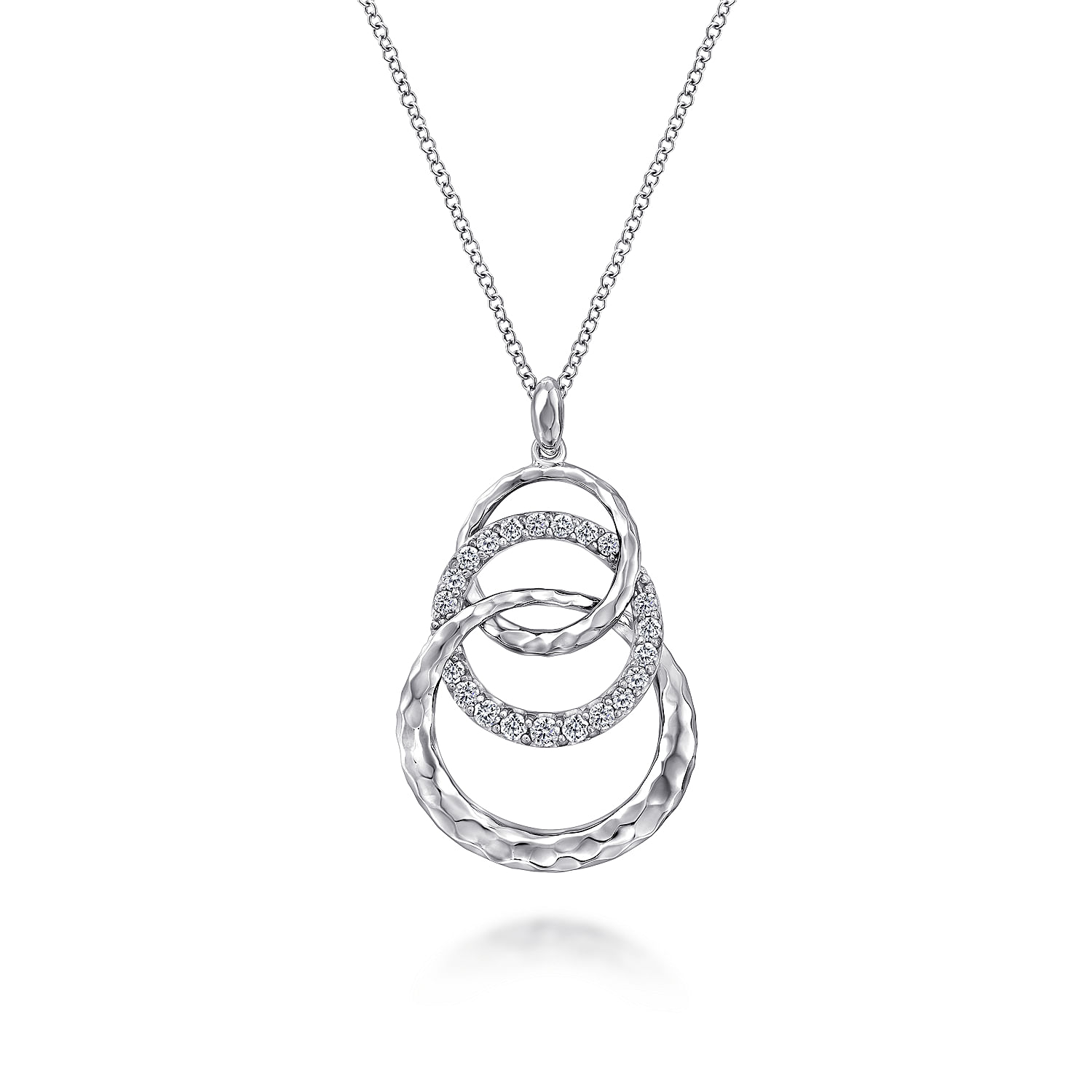 Gabriel - 925 Sterling Silver Hammered Layered Circle White Sapphire Pendant Necklace