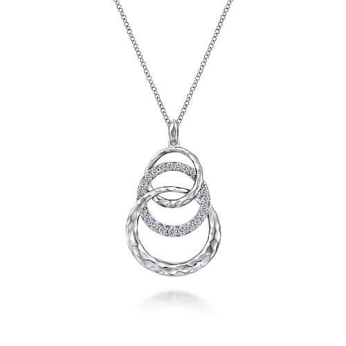 925 Sterling Silver Hammered Layered Circle White Sapphire Pendant Necklace