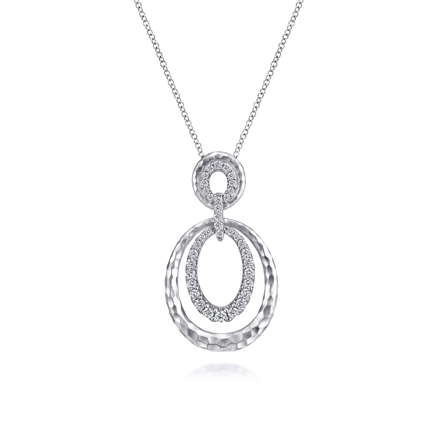 925 Sterling Silver Hammered Layered Oval White Sapphire Double Loop Necklace
