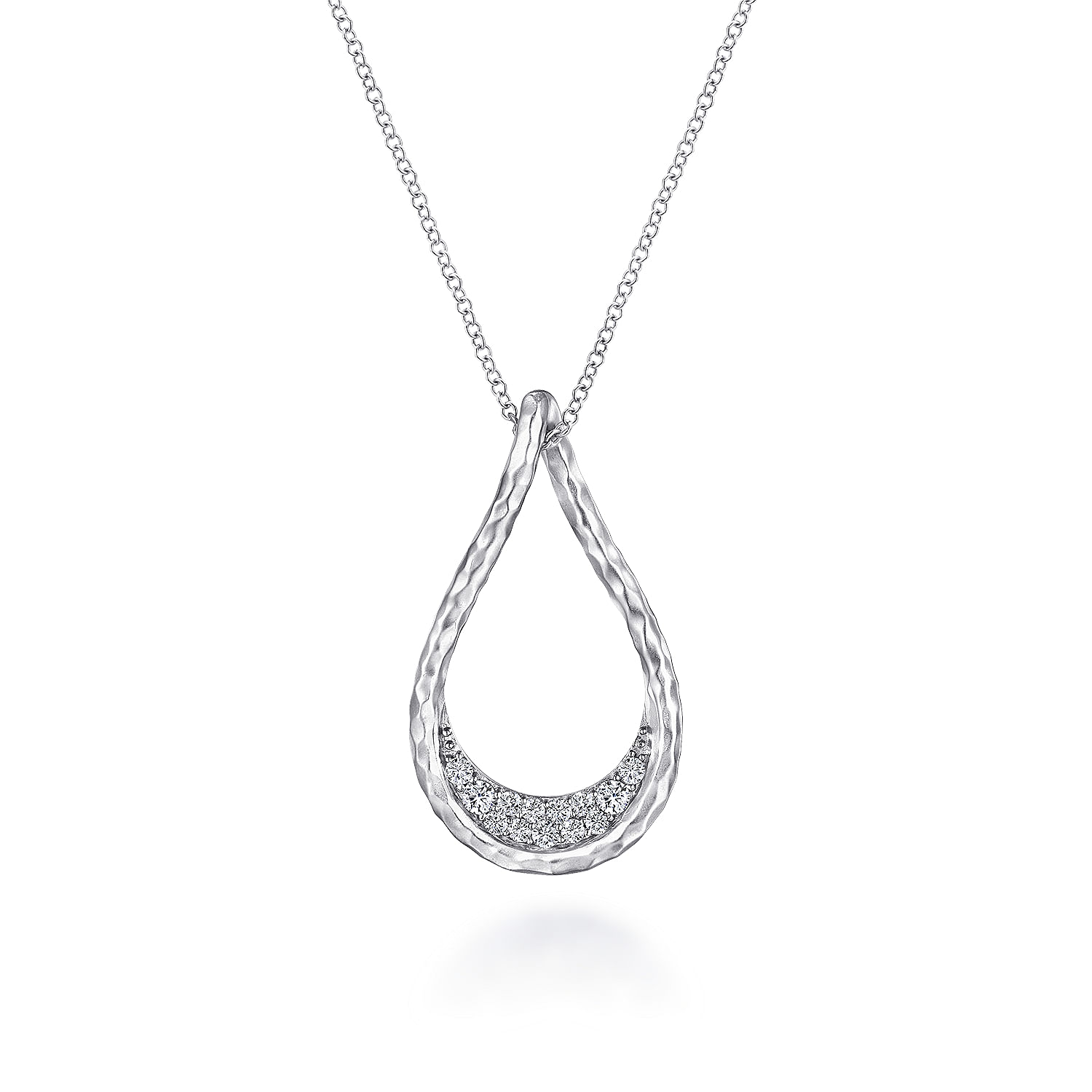 925 Sterling Silver Hammered Pear Shape White Sapphire Pendant Necklace