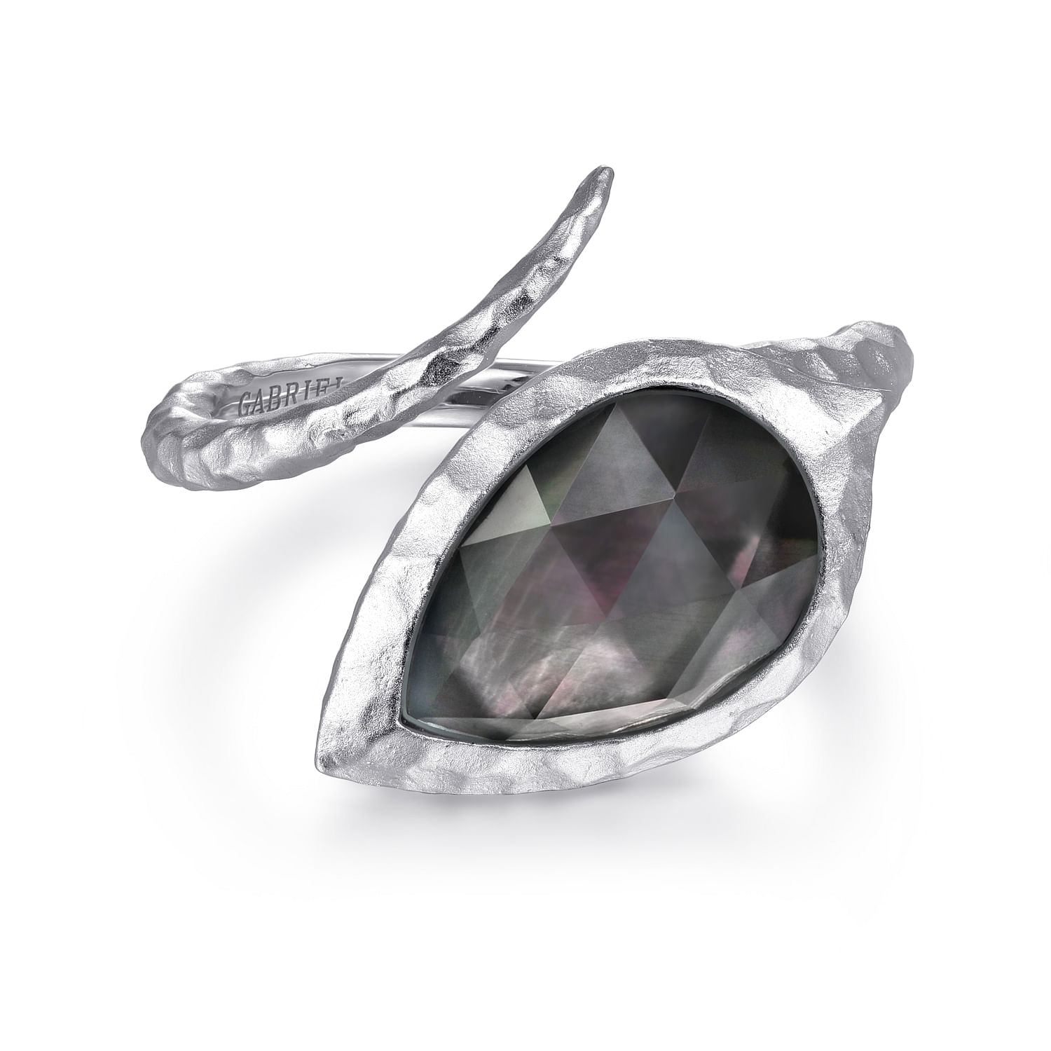 925 Sterling Silver Hammered Pear Shaped Black Pearl/Rock Crystal Open Wrap Ring