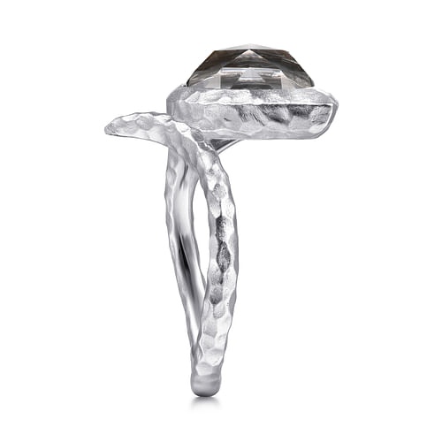925 Sterling Silver Hammered Pear Shaped Black Pearl/Rock Crystal Open Wrap Ring