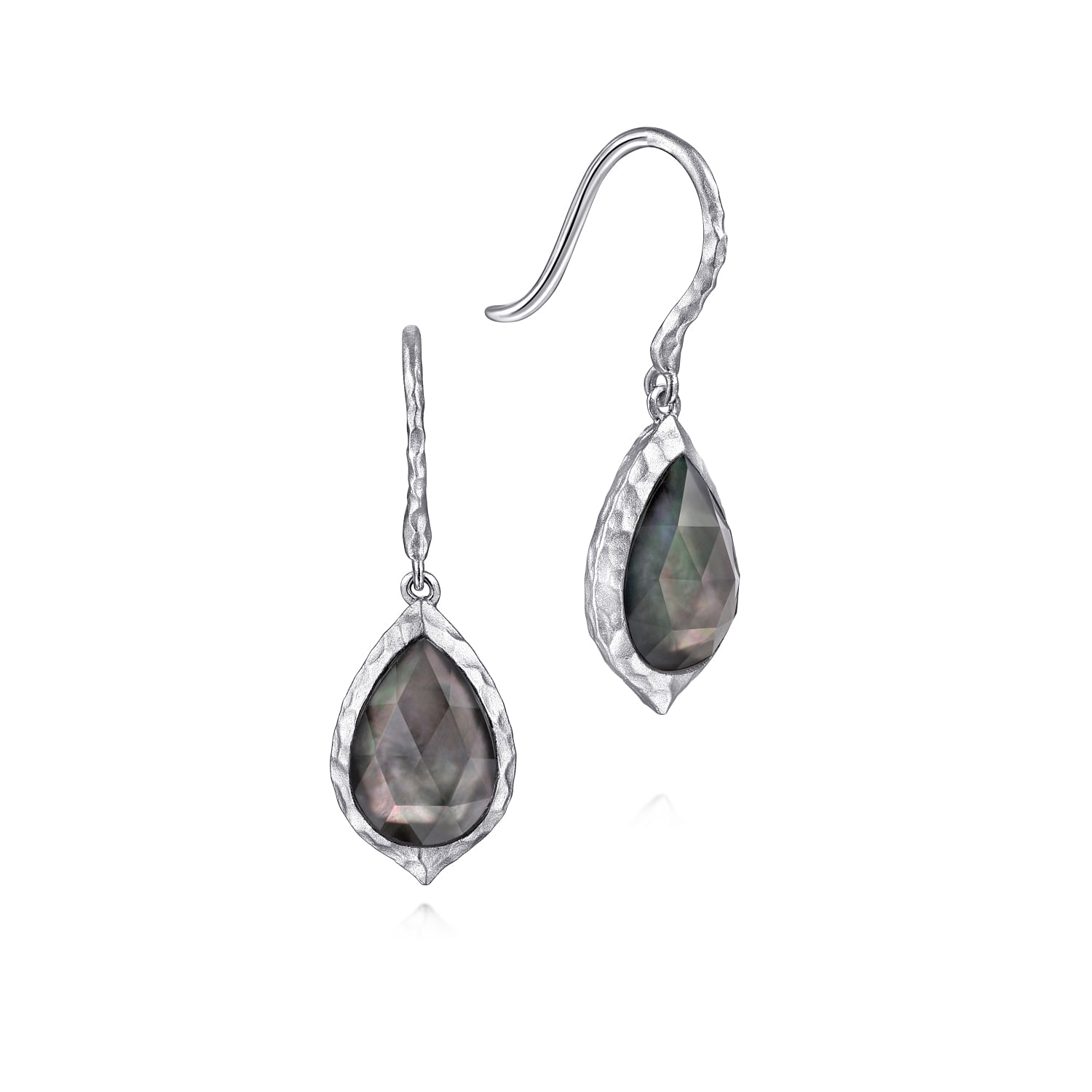 Gabriel - 925 Sterling Silver Hammered Pear Shaped Rock Crystal/Black MOP Drop Earrings