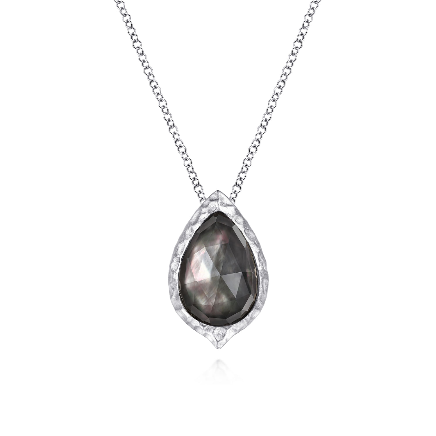 925 Sterling Silver Hammered Pear Shaped Rock Crystal/Black MOP Pendant Necklace
