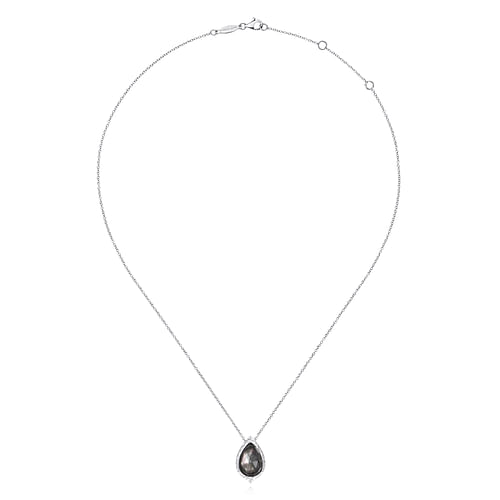 925 Sterling Silver Hammered Pear Shaped Rock Crystal/Black MOP Teardrop Pendant Necklace